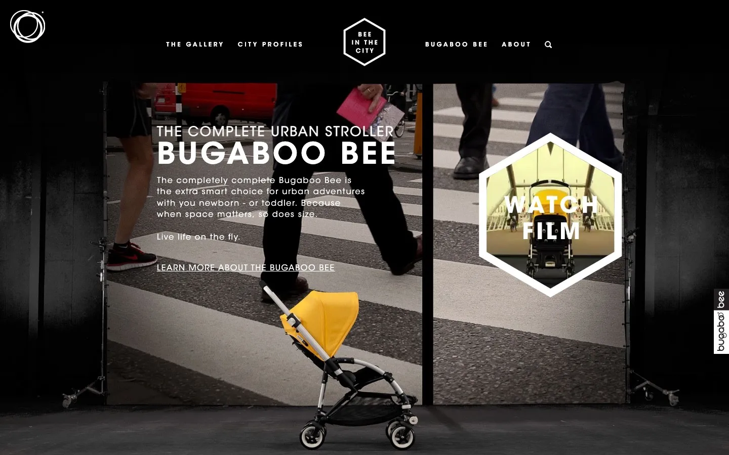 Bee in the City for Bugaboo, the yellow Bugaboo Bee stroller on a city crossing with a Watch film button