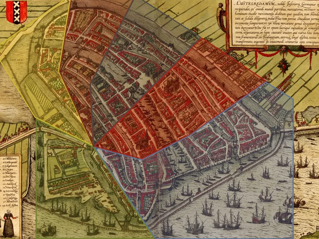 Game map of medieval Amsterdam from the mobile history game Frequentie 1550