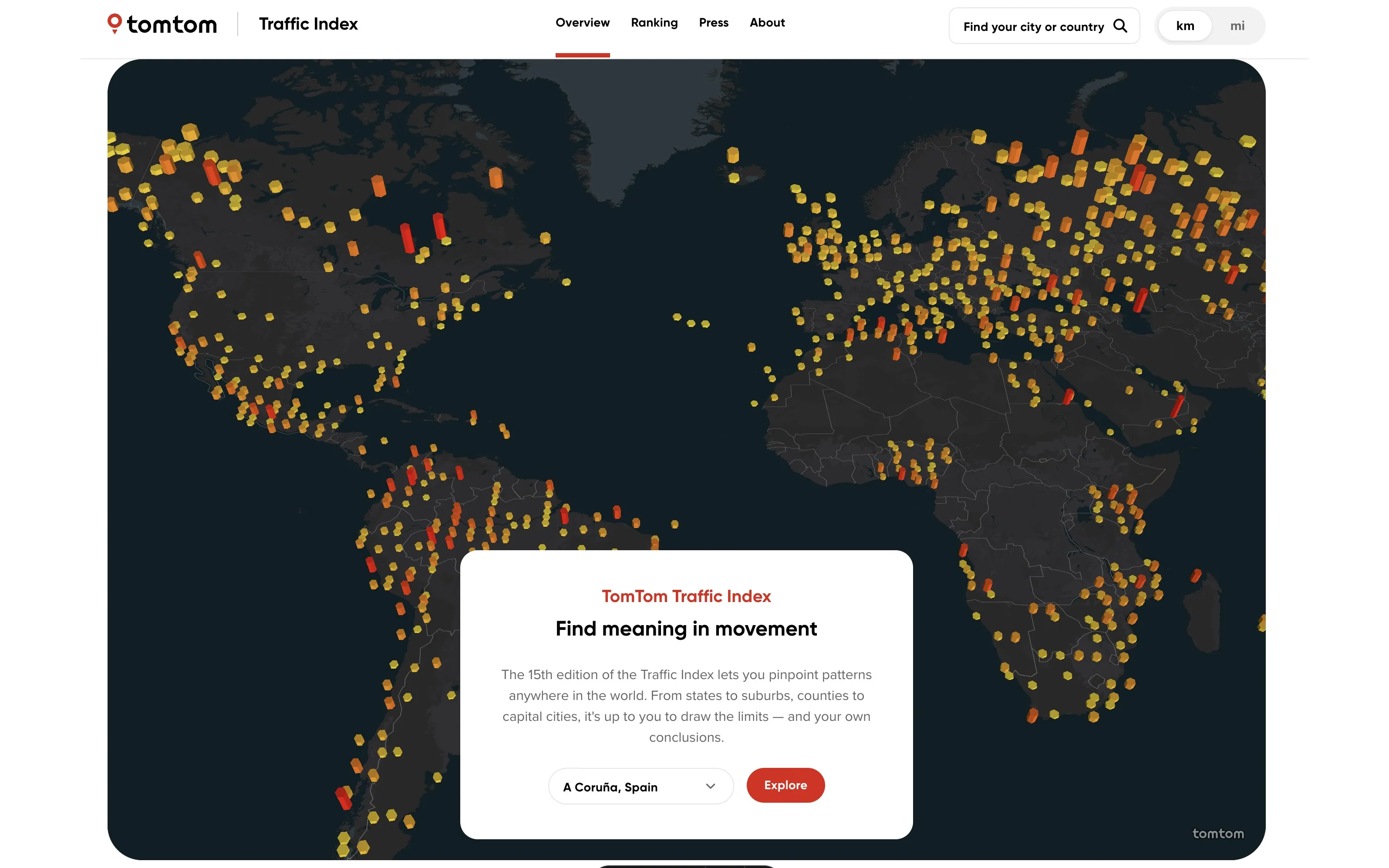 The TomTom Traffic Index, congestion in cities worldwide shown as 3D bars on a dark world map